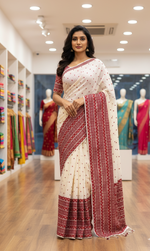 The Amritsar Store Phulkari Saree Hand Embroidered in Off-White with Red & Maroon