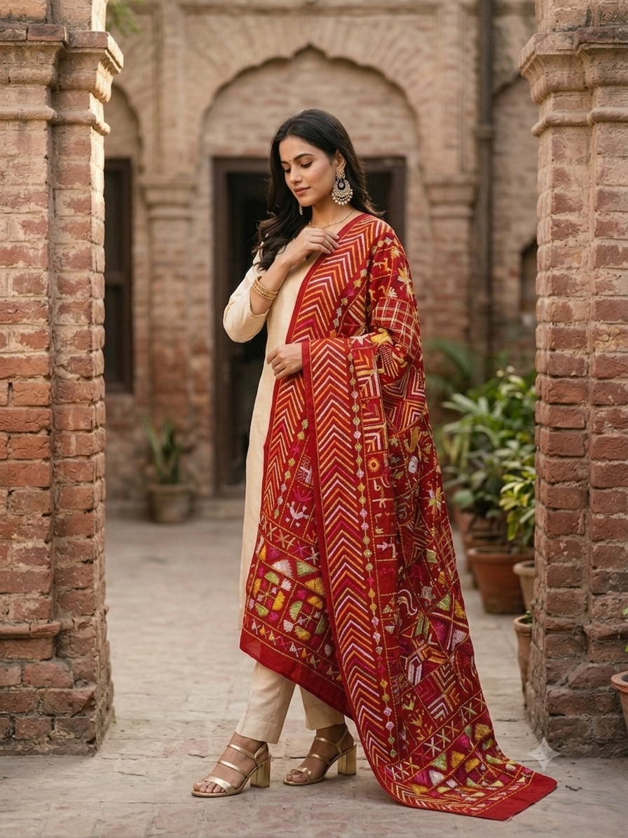 Phulkari Bagh Dupatta – Hand Embroidered Heritage Dupatta | The Amritsar Store
