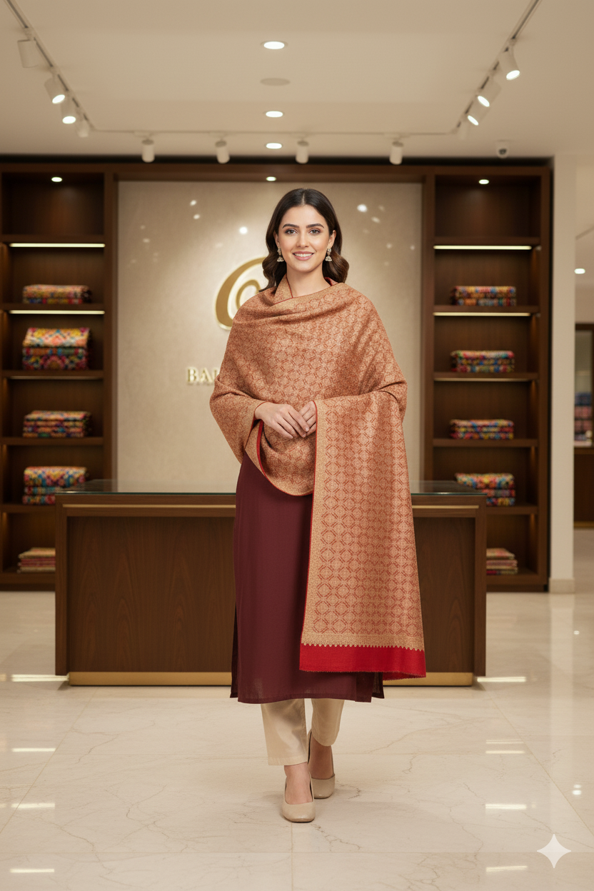 The Amritsar Store Women's Shawl Full Heavy Embroidery Jaal-Red Color