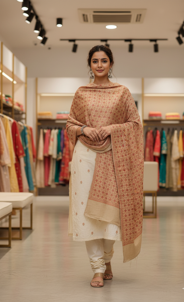Classic Charm: Beige Pashmina Shawl with Hand Embroidery