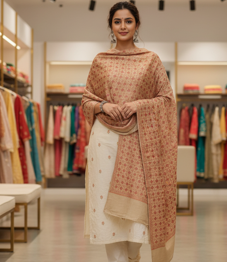 The Amritsar Store "Beige Hand Embroidery Shawl – Elegant Wool Wrap for Women"