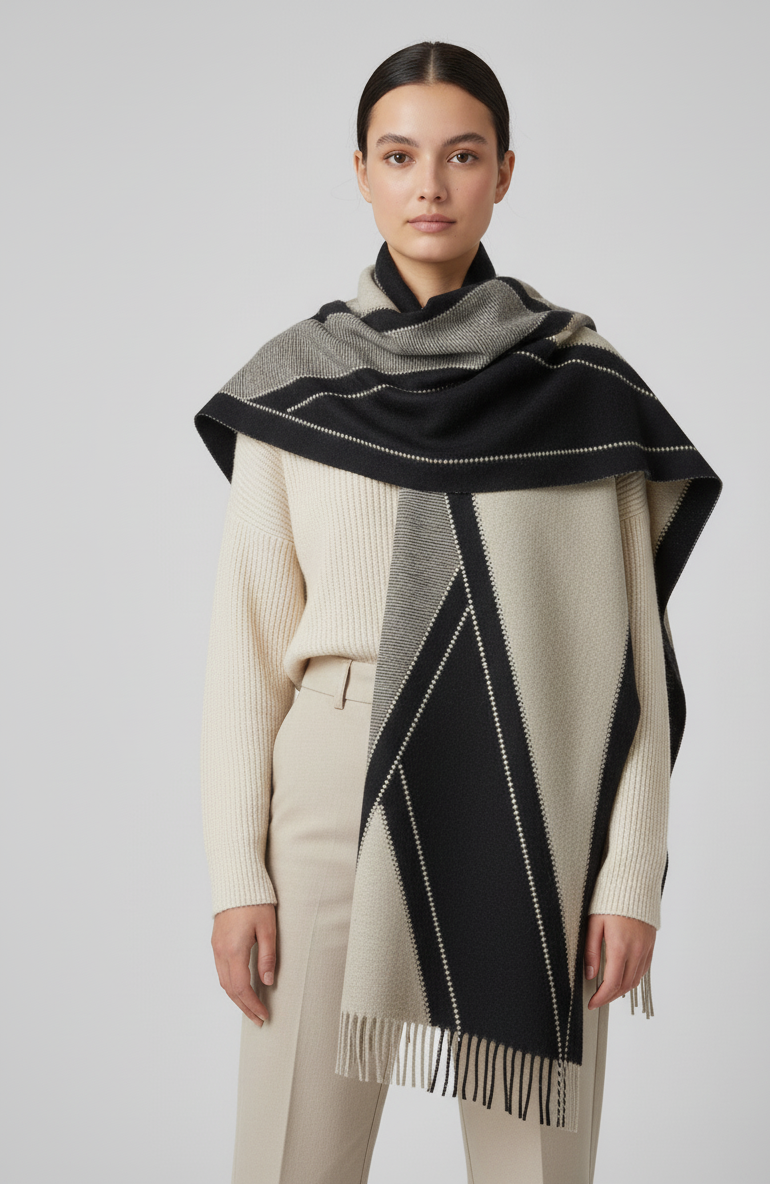 Elegant Two-Tone Scarf with Graphic V Pattern (Reversible)