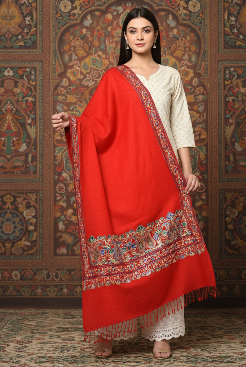 Red Four Side Border Kashmiri Embroidery Pure Wool Handcrafted Shawl