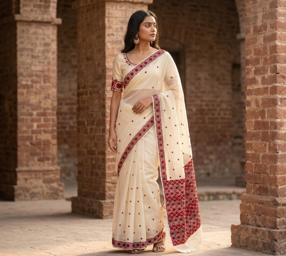 Phulkari Saree – Hand Embroidered White Saree For Women | The Amritsar Store