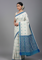 The Amritsar Store Phulkari Hand Embroidered Saree in White color with Blue Accent