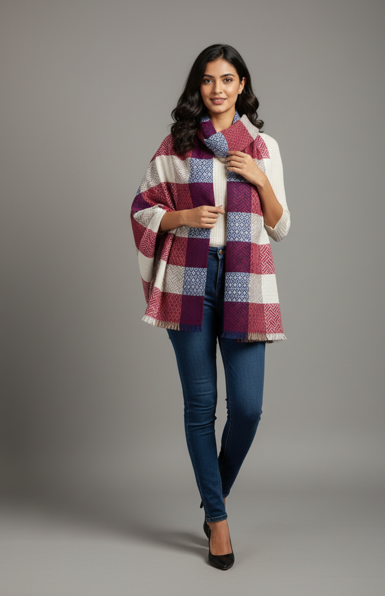 Multicolor Geometric Checkered Scarf – Soft Winter Wrap in Red, Blue, Beige & White