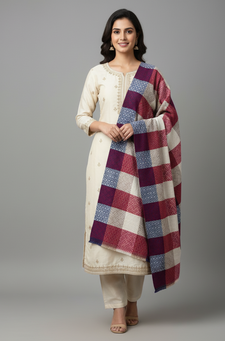 Multicolor Geometric Checkered Scarf – Soft Winter Wrap in Red, Blue, Beige & White