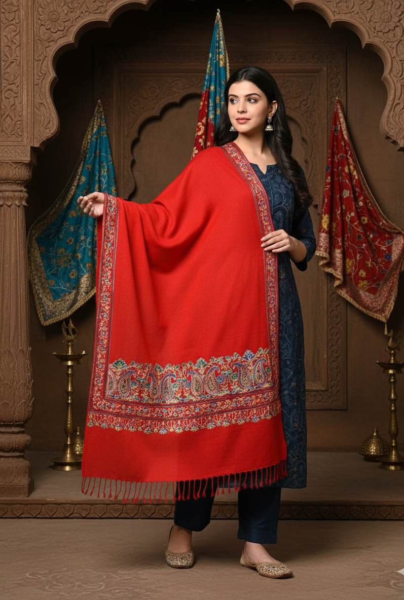 Red Four Side Border Kashmiri Embroidery Pure Wool Handcrafted Shawl