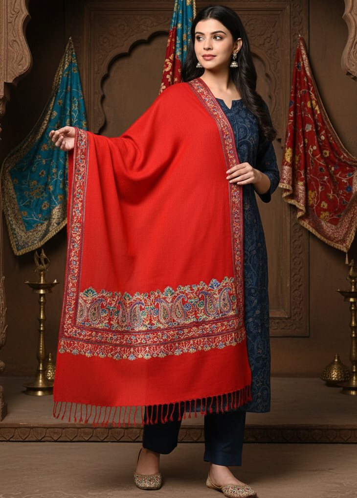 Red Four Side Border Kashmiri Embroidery Pure Wool Handcrafted Shawl