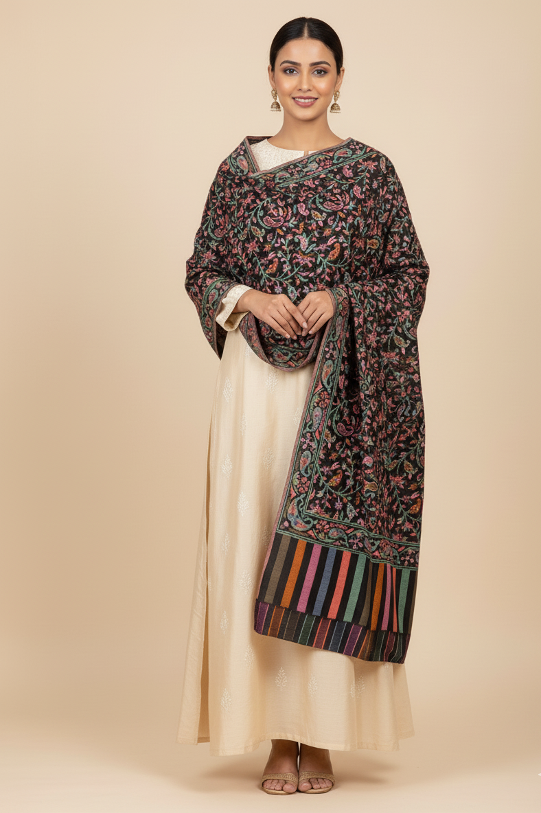 The Amritsar Store Womens Fine Wool Floral Kashmiri Shawl,Black