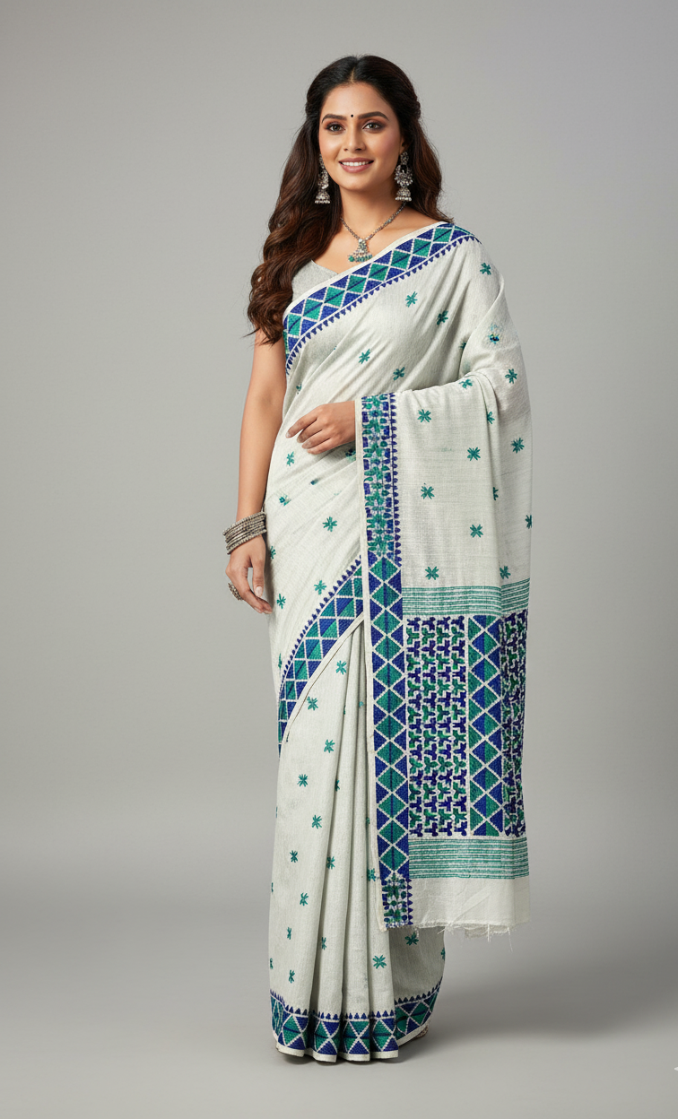 The Amritsar Store Phulkari Hand Embroidered Saree in White color with Blue Accent