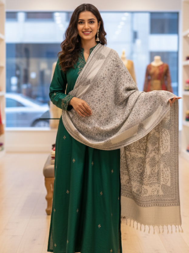 The Amritsar Store Elegant Grey Sozni Embroidered Self Weave Wool Shawl