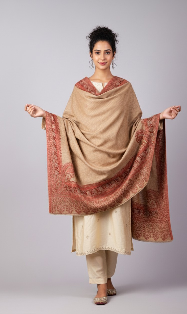 Kashmiri Shawl For Women, Lightweight Shawl With Four Side Border & Paisley Design Weaved With Wool, Shawl For Women