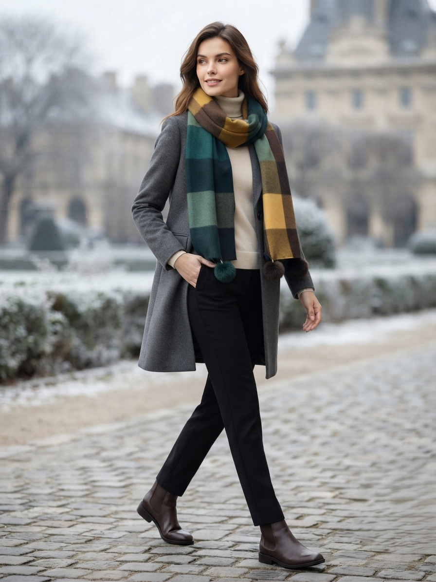 Teal Brown Checked Wool Scarf for Women – Soft Winter Scarf | The Amritsar Store