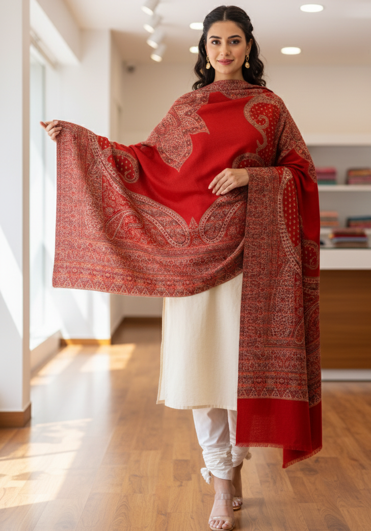 The Amritsar Store Elegant Kashmiri Jamawar Shawl with Classic Paisley Motifs