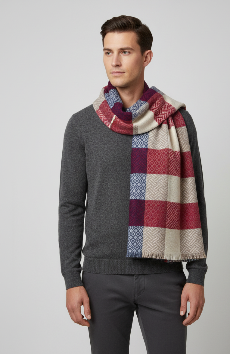 Multicolor Geometric Checkered Scarf – Soft Winter Wrap in Red, Blue, Beige & White