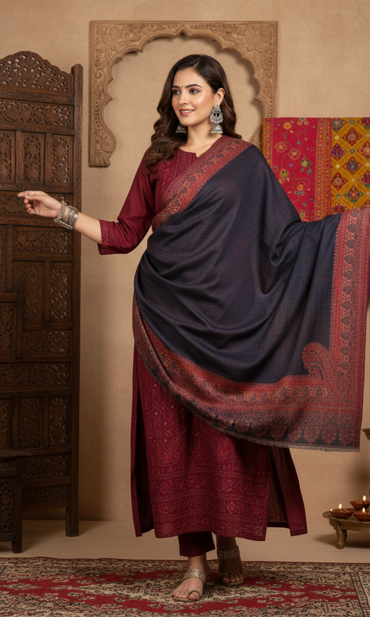 Kashmiri Shawl For Women, Lightweight Shawl With Four Side Border & Paisley Design Weaved With Wool, Shawl For Women
