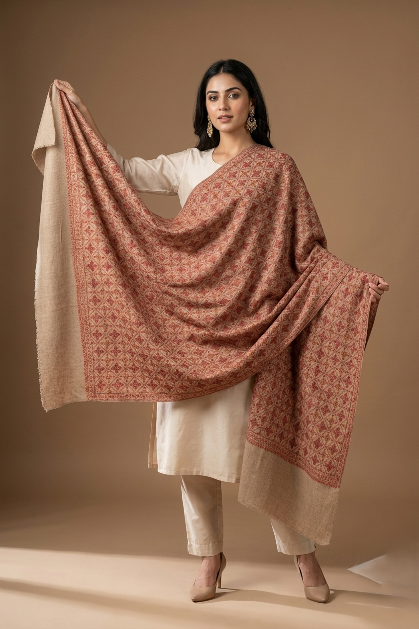 The Amritsar Store "Beige Hand Embroidery Shawl – Elegant Wool Wrap for Women"