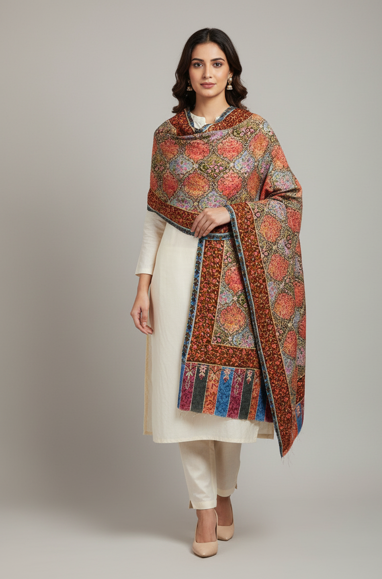 The Amritsar Store Handcrafted Kashmiri Floral Stole – Multicolor Traditional Embroidery with Striped Tassels
