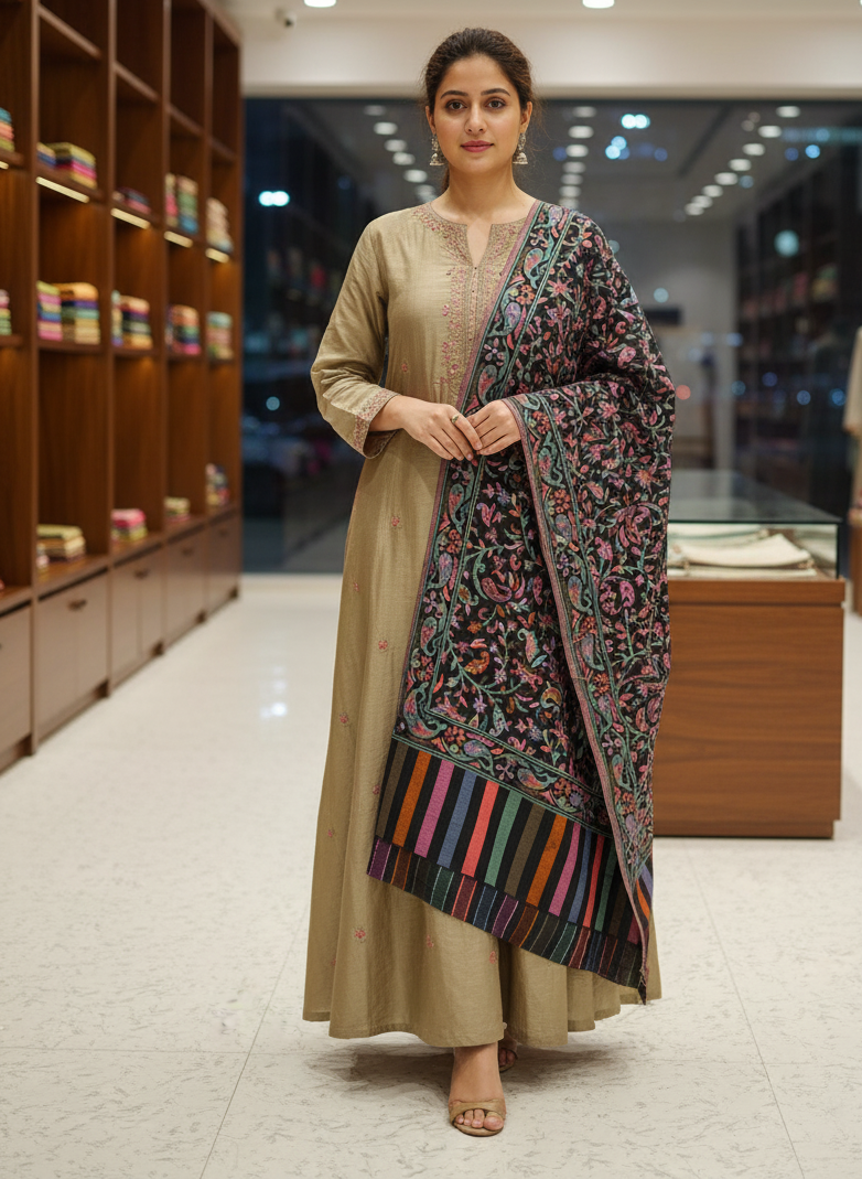 The Amritsar Store Womens Fine Wool Floral Kashmiri Shawl,Black