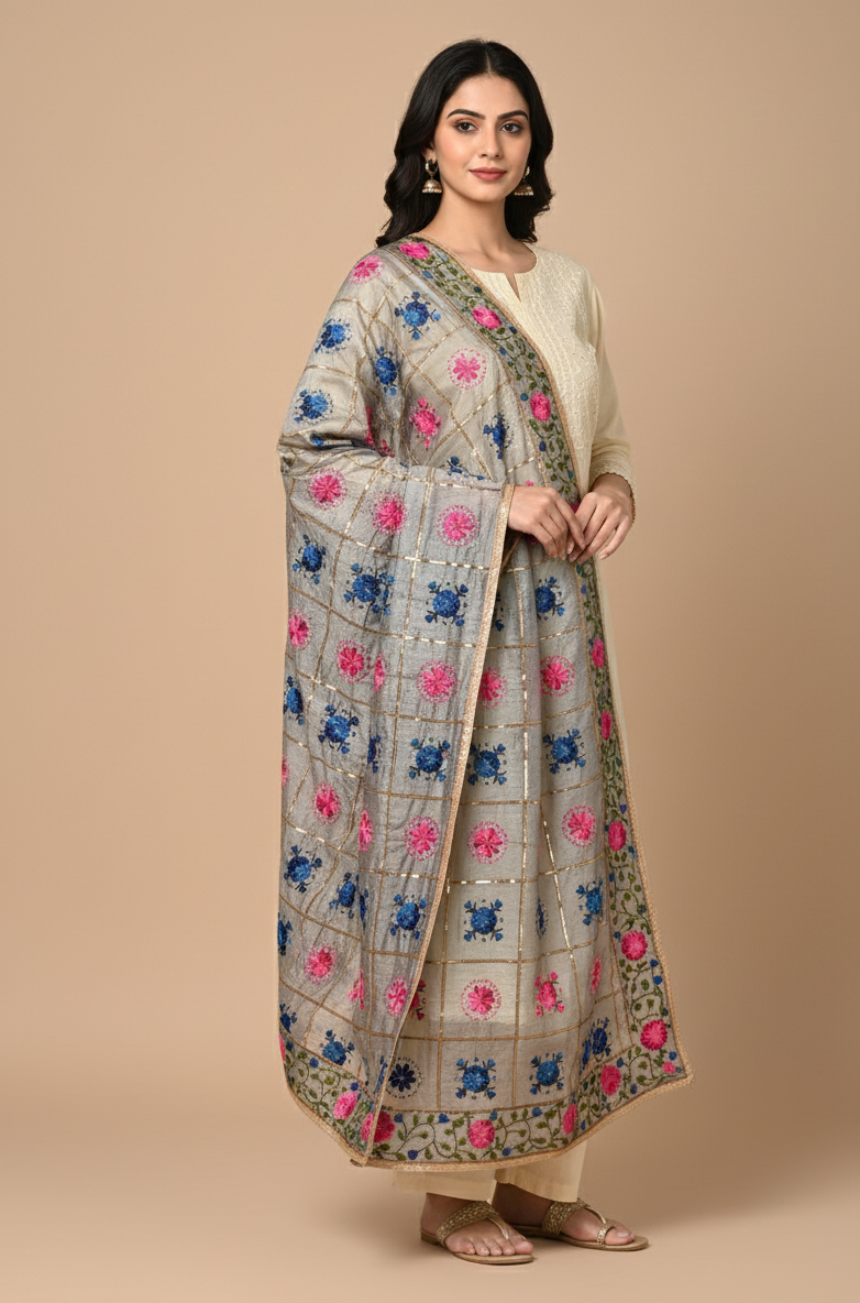 Sophisticated All Season GreyPhulkari Dupatta by The Amritsar Store