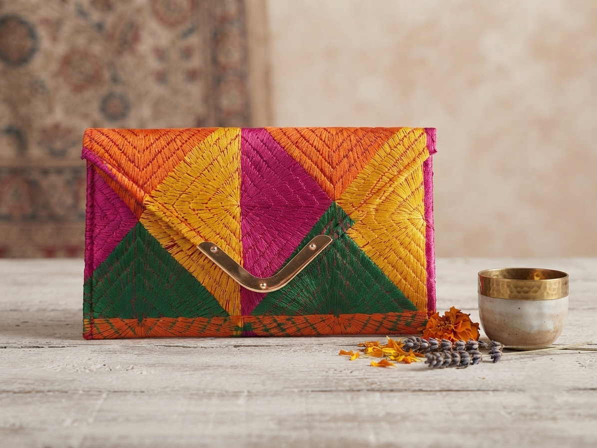 Multicolor Phulkari Embroidered Clutch Wallet for Women |The Amritsar Store