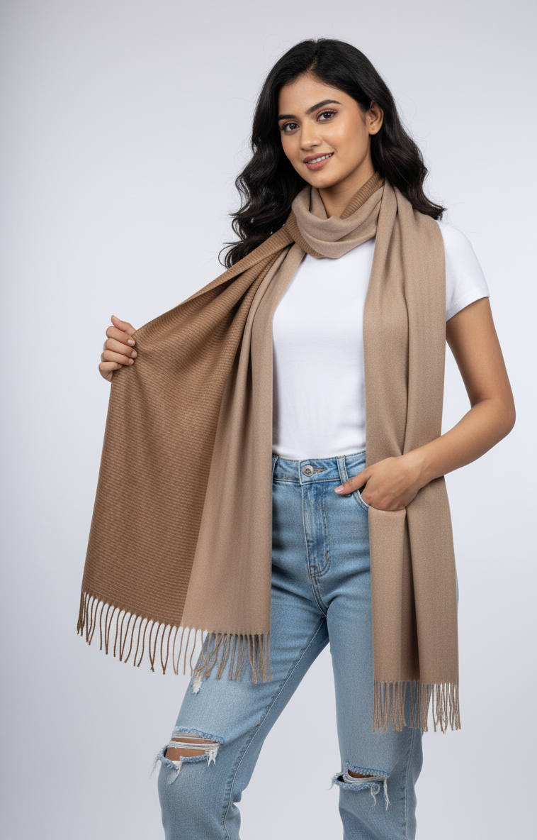 Elegant Camel Brown Two-Tone Winter Scarf – Soft Cozy Wrap with Fringed Edges