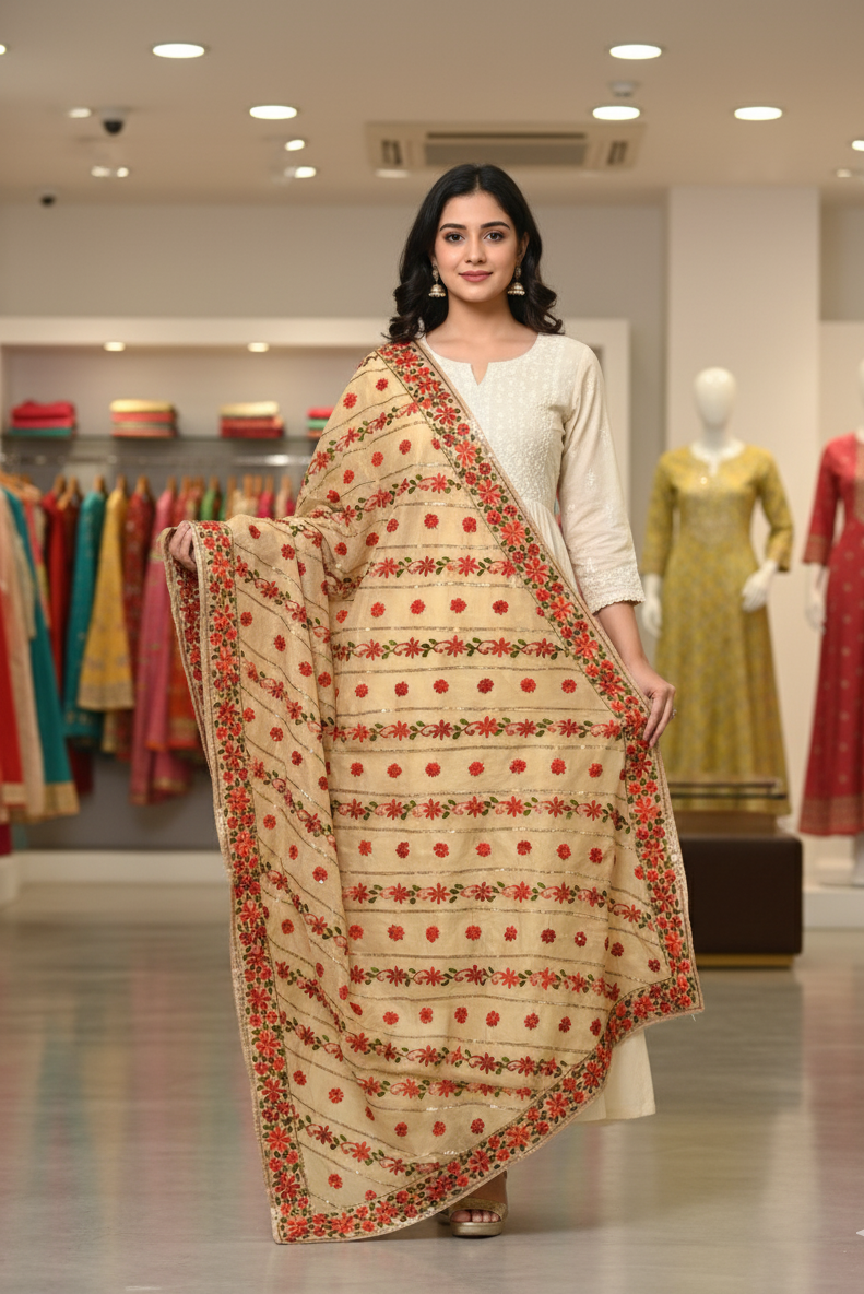 Classic Phulkari Dupatta In Golden Color With Red Embroidery by The Amritsar Store