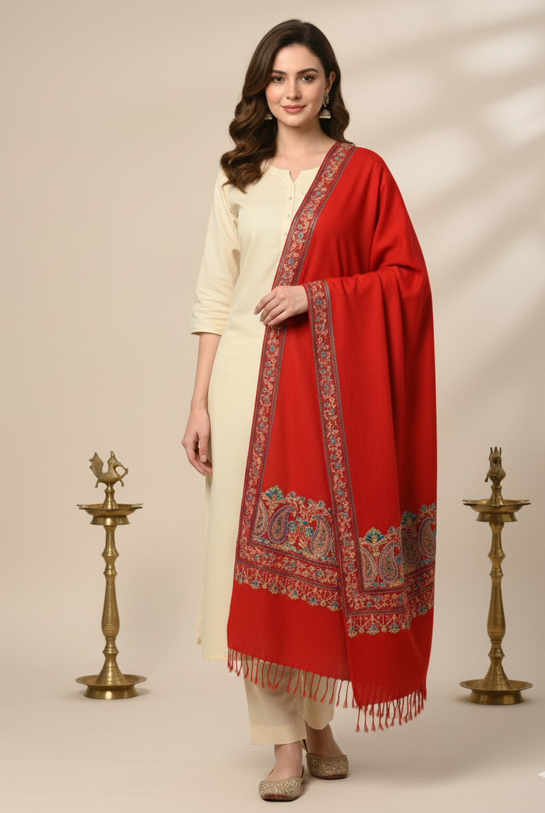 Red Four Side Border Kashmiri Embroidery Pure Wool Handcrafted Shawl