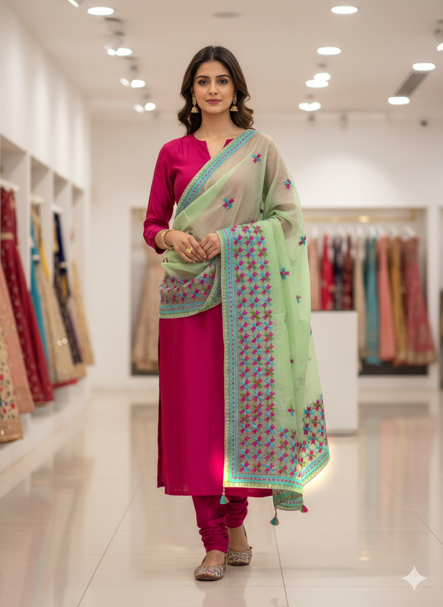 “Parrot Green Phulkari Dupatta with Hand Embroidered Magenta Thread – Traditional Punjabi Stole, Ethnic Indian Party Wear”