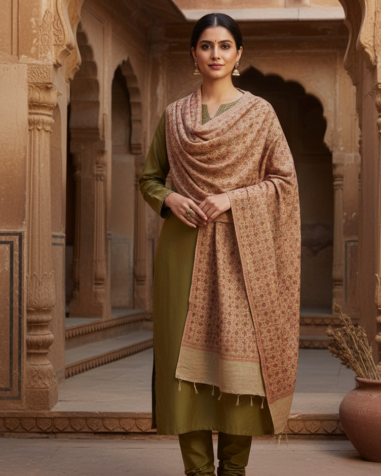 The Amritsar Store "Beige Hand Embroidery Shawl – Elegant Wool Wrap for Women"