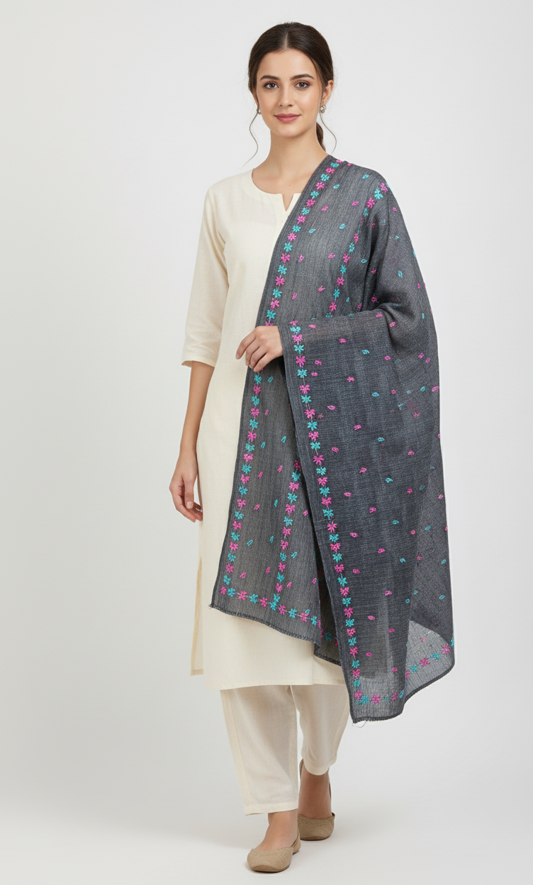 The Amritsar Store Phulkari Dupatta Hand embroidered in Navy Blue
