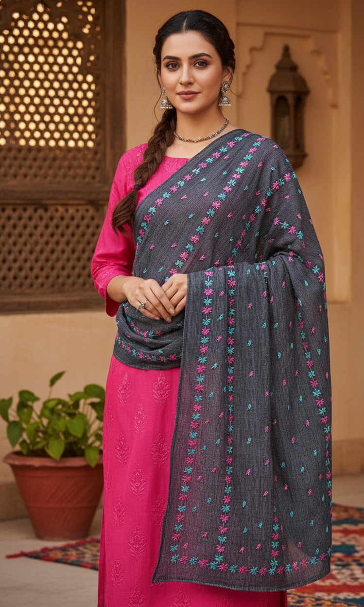 The Amritsar Store Phulkari Dupatta Hand embroidered in Navy Blue