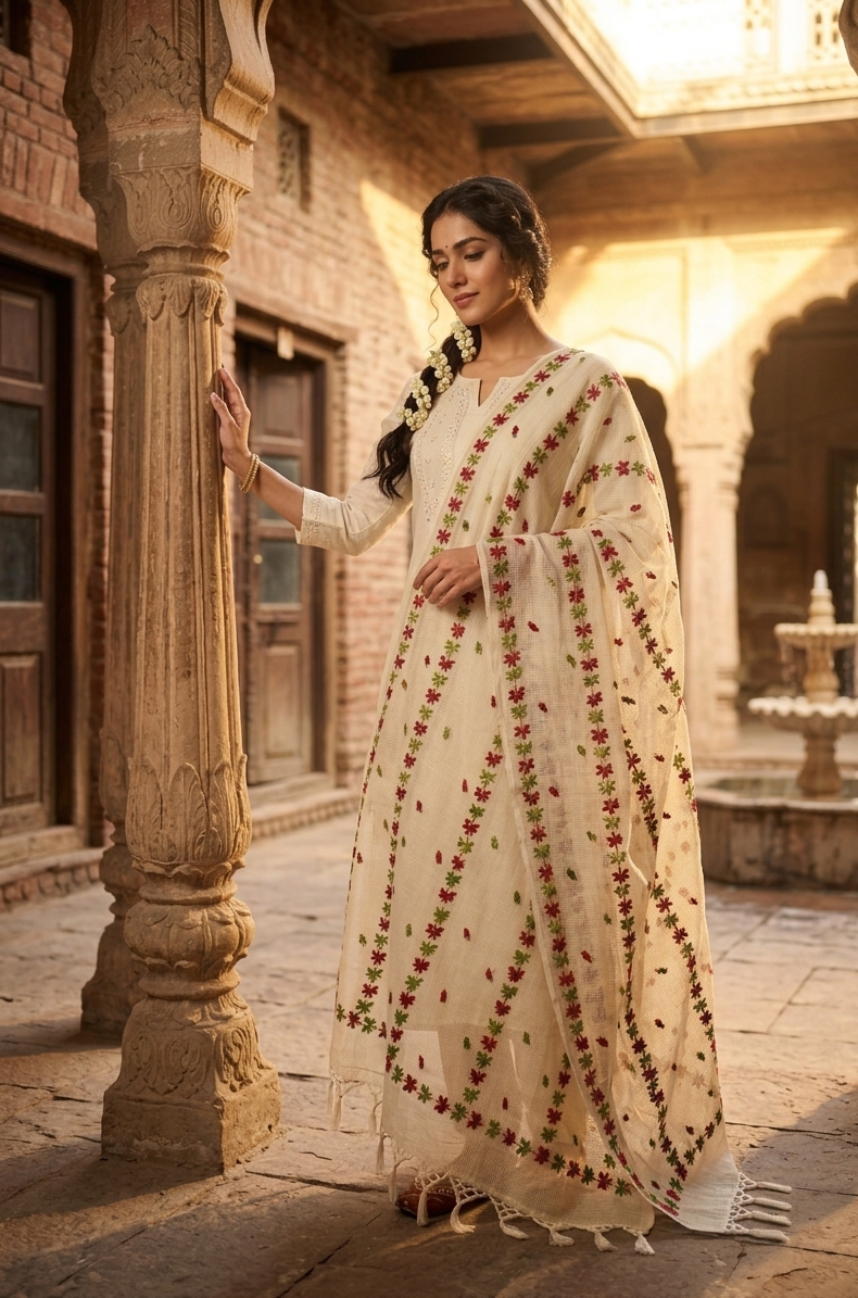 Phulkari Dupatta – Hand Embroidered Off White Floral Wrap| The Amritsar Store