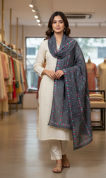 The Amritsar Store Phulkari Dupatta Hand embroidered in Navy Blue