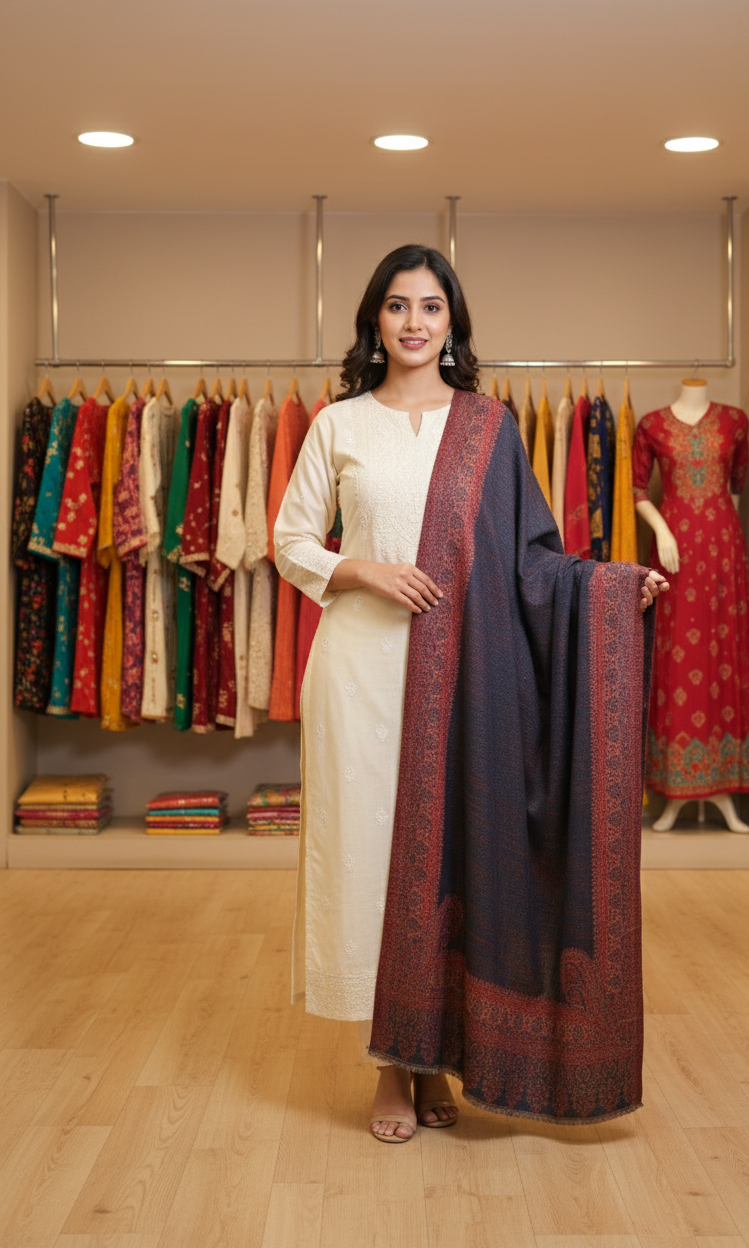 Kashmiri Shawl For Women, Lightweight Shawl With Four Side Border & Paisley Design Weaved With Wool, Shawl For Women