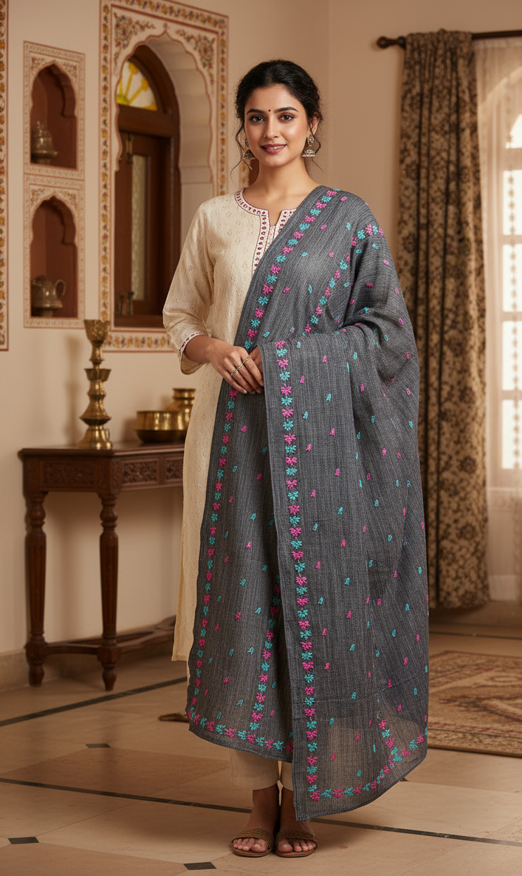The Amritsar Store Phulkari Dupatta Hand embroidered in Navy Blue