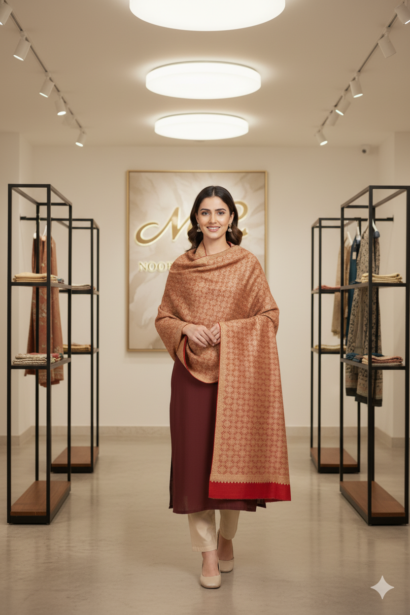 The Amritsar Store Women's Shawl Full Heavy Embroidery Jaal-Red Color