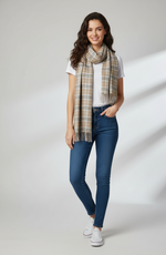 Classic Brown & Blue Checkered Shawl – Soft Winter Wrap with Fringe Detailing