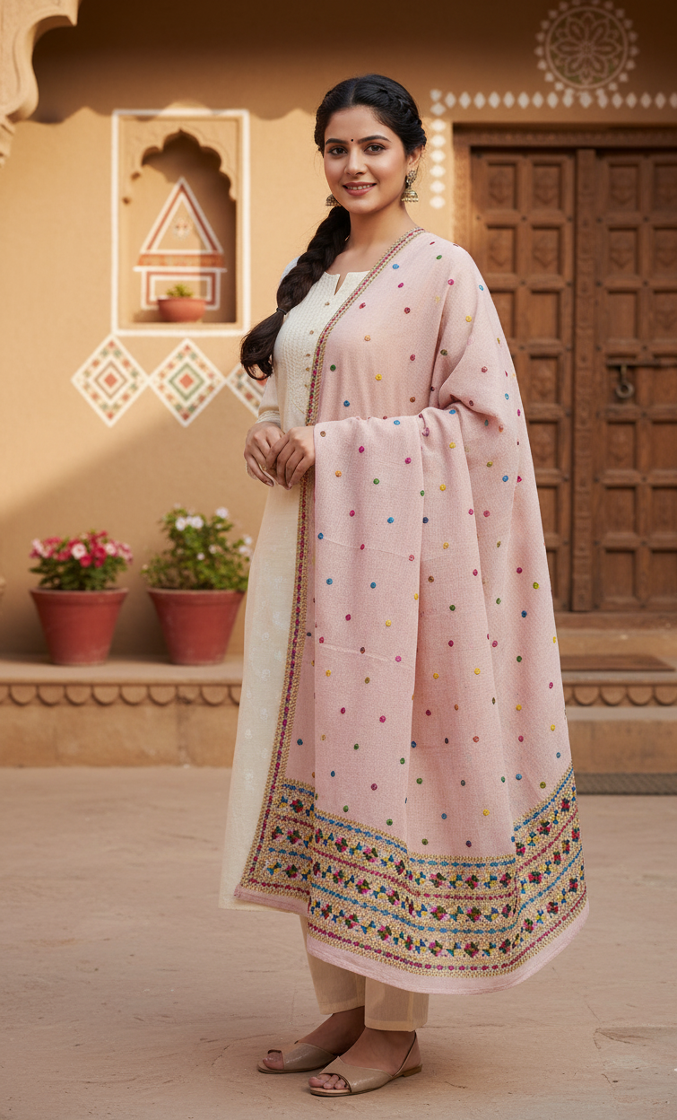 The Amritsar Store Phulkari Hand Embroidered Dupatta in Pink