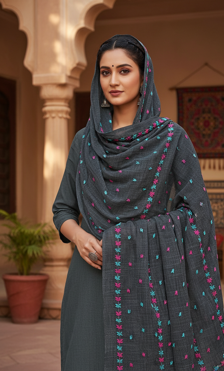 The Amritsar Store Phulkari Dupatta Hand embroidered in Navy Blue