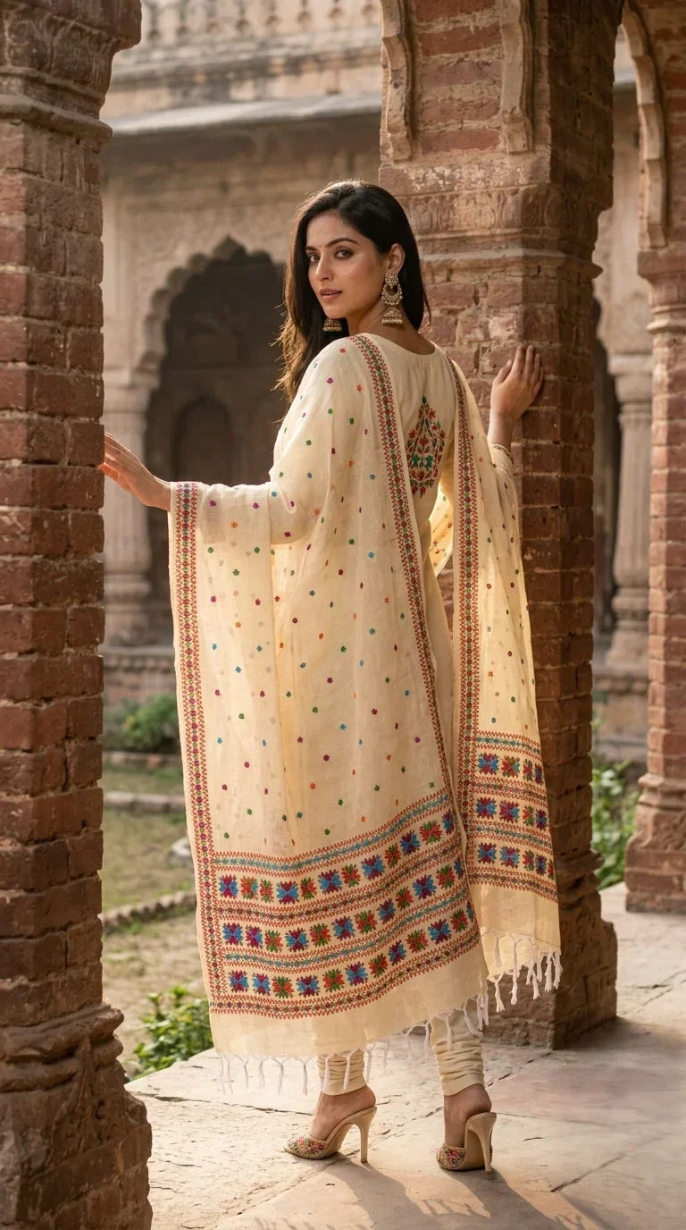 Phulkari Dupatta -Hand Embroidered in lemon Color |The Amritsar Store - The Amritsar Store