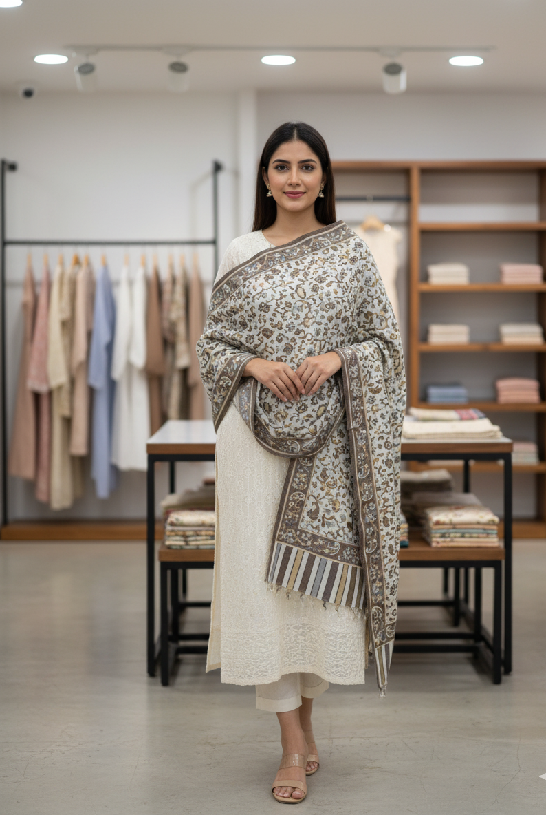 Elegant Off-White Stole with Floral Accents