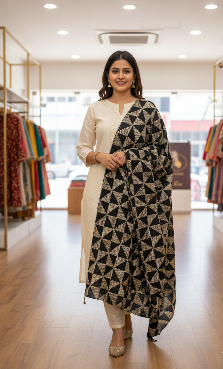 The Amritsar Store Phulkari Dupatta with Geometric Embroidery