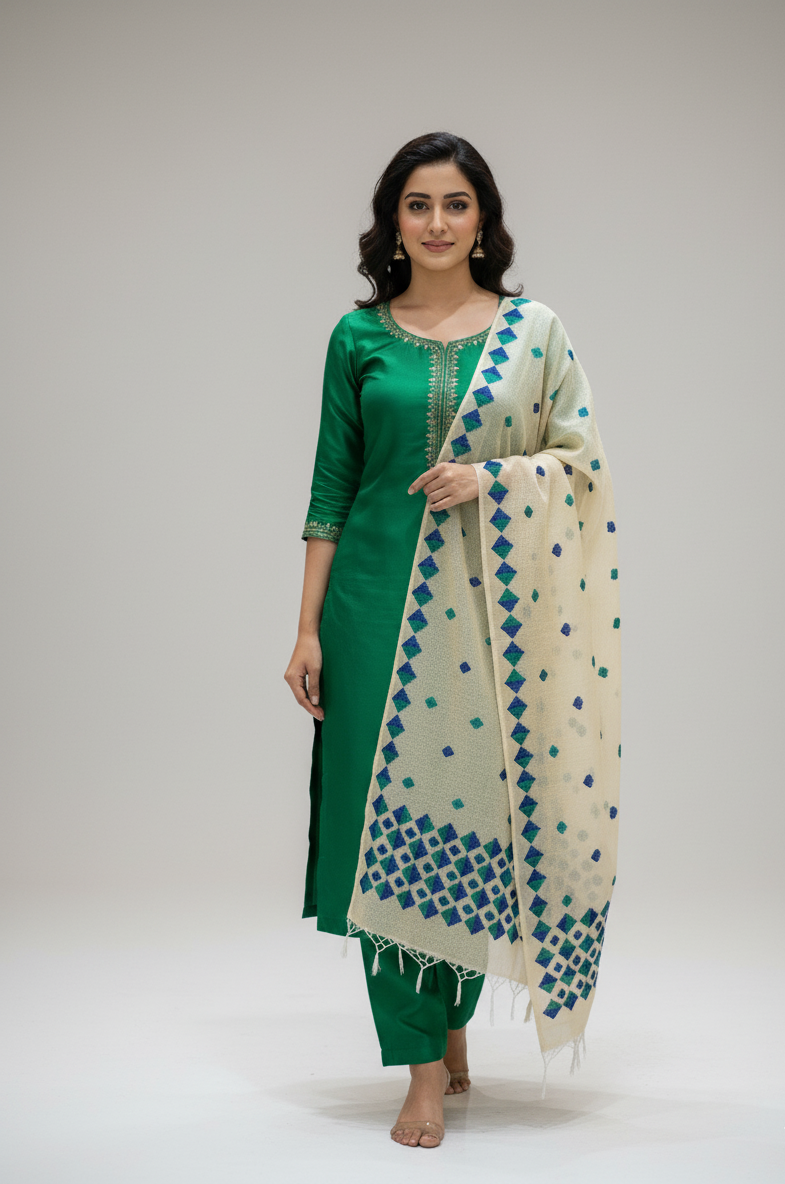 The Amritsar Store Phulkari Dupatta on white with blue accents Hand-Embroidery