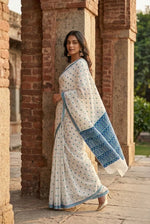 Phulkari Saree-Hand Embroidered White Saree with Blue Embroidery |The Amritsar Store - The Amritsar Store