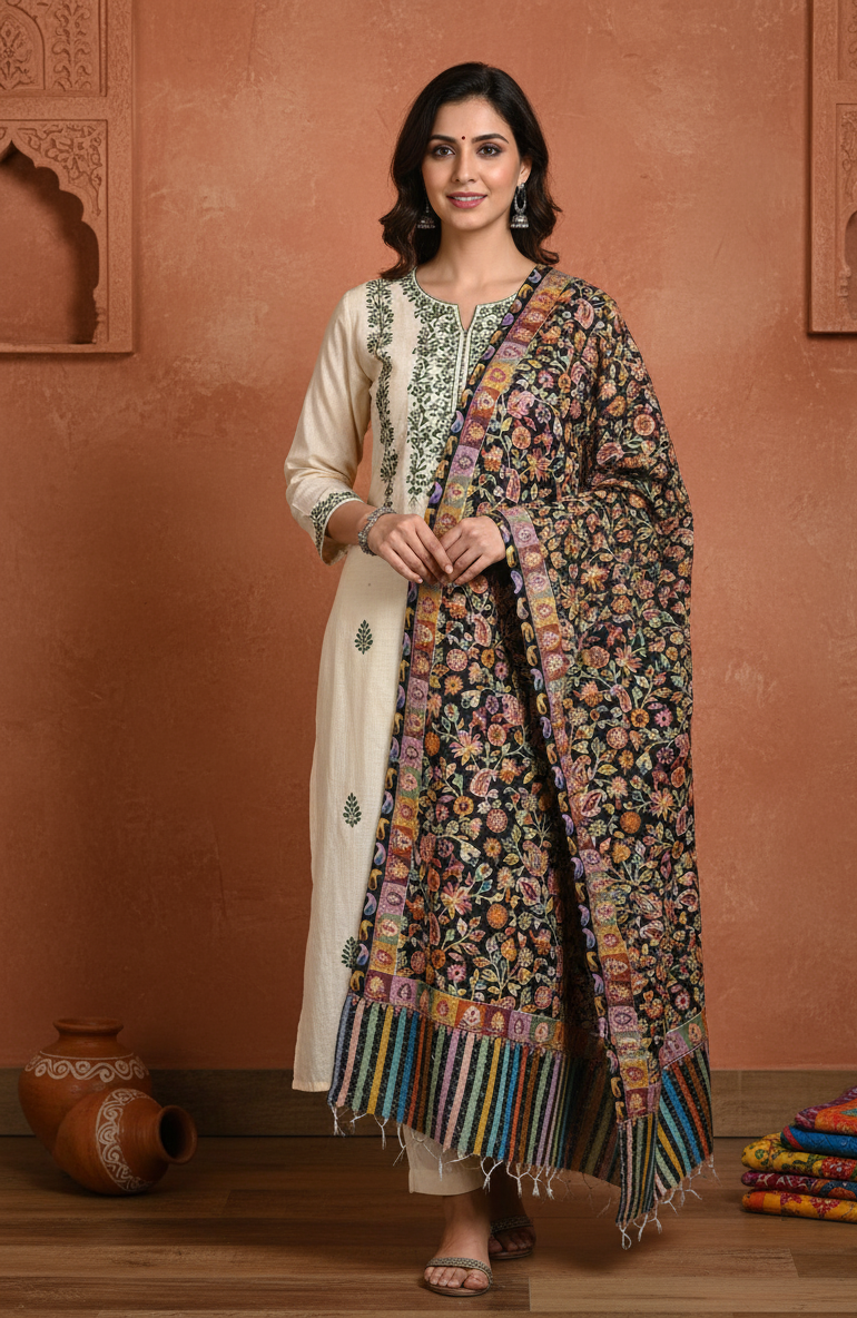 The Amritsar Store,Kashmiri kalamkari Embroidered Stole – Multicolor Floral Jaal on Black Base with Vibrant Striped Border