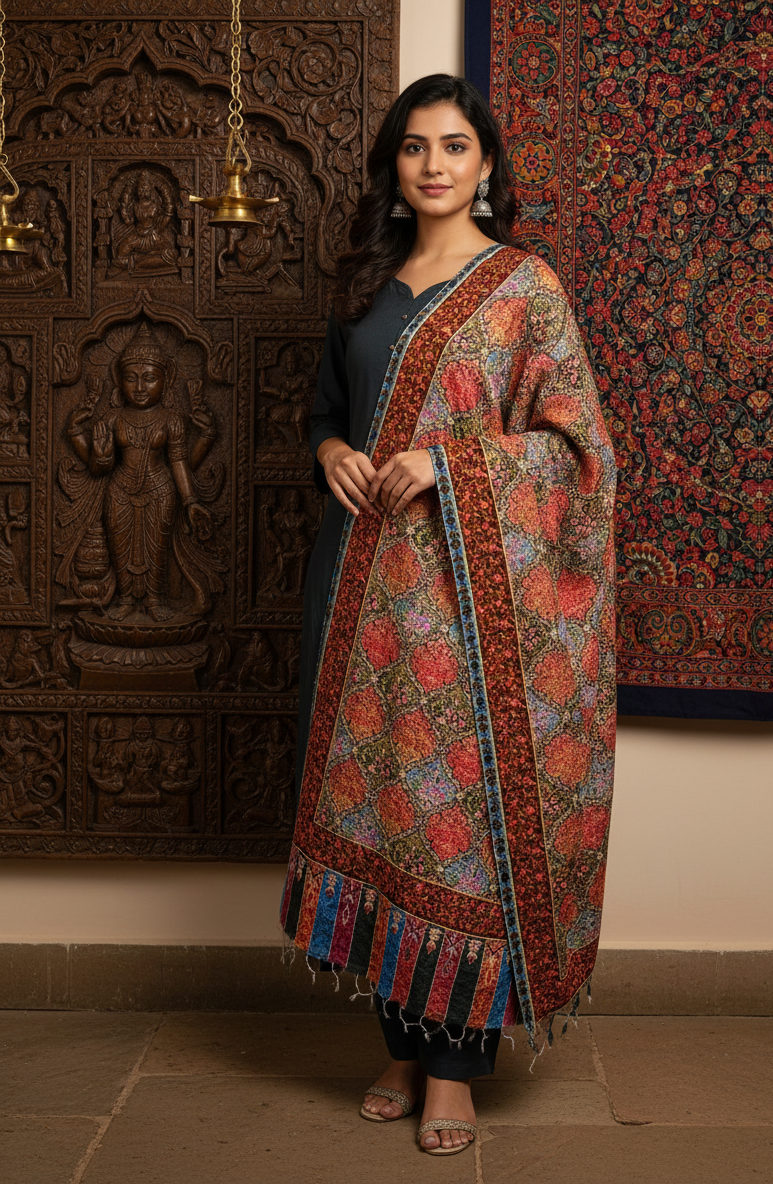 The Amritsar Store Handcrafted Kashmiri Floral Stole – Multicolor Traditional Embroidery with Striped Tassels