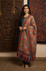 The Amritsar Store Handcrafted Kashmiri Floral Stole – Multicolor Traditional Embroidery with Striped Tassels