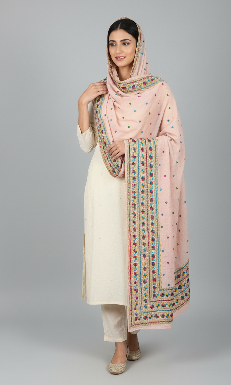 The Amritsar Store Phulkari Hand Embroidered Dupatta in Pink